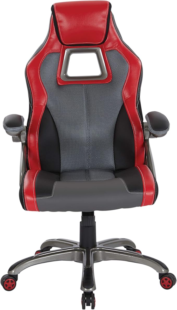 OSP Home Furnishings Race Car Adjustable Gaming Chair, Charcoal Grey Bonded Leather with Red Accents