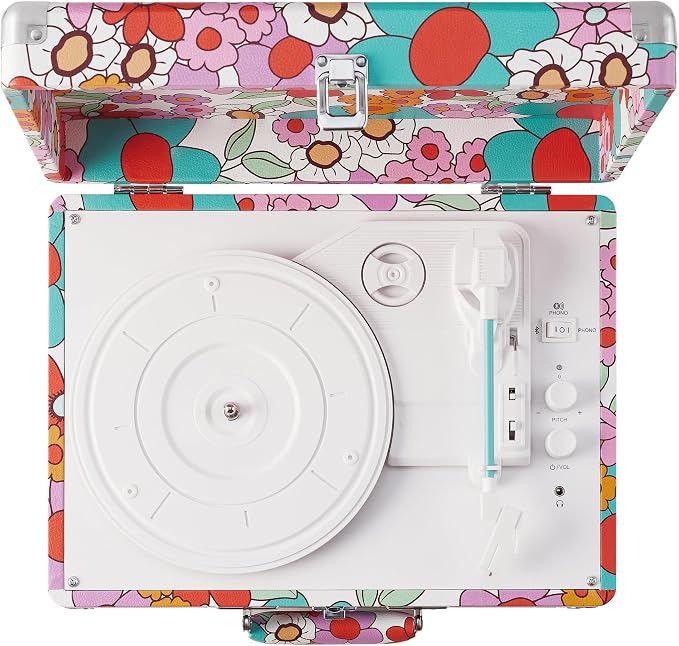 Crosley CR8005F-GF Cruiser Plus Vintage 3-Speed Bluetooth in/Out Suitcase Vinyl Record Player Turntable with Built-in Speakers, Groovy Floral
