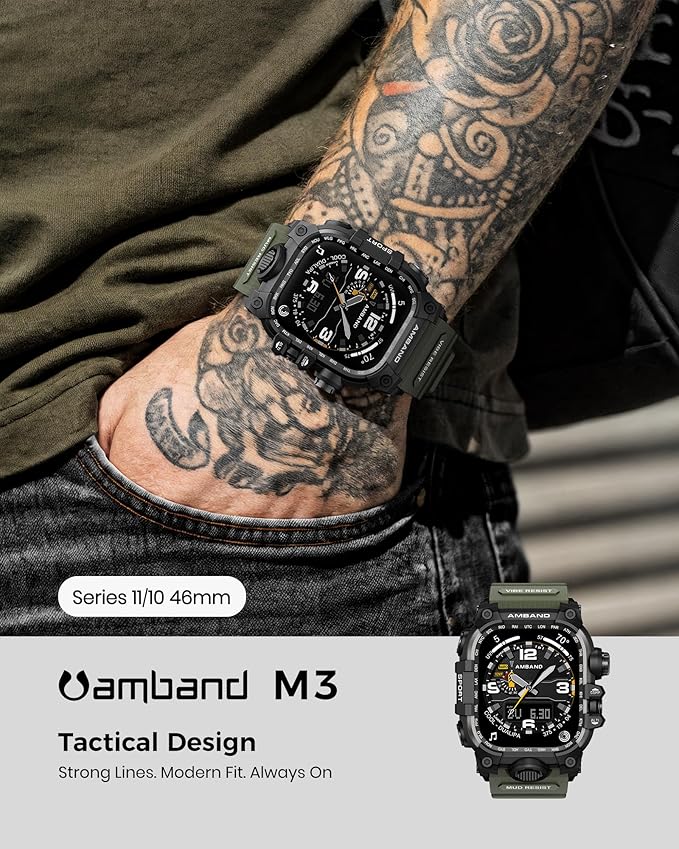 amBand Rugged Case with Band for Apple Watch 46mm, Compatible with Apple Watch (iWatch) Series 10 11, Military Grade Shockproof Bumper Cover, Tactical Band for Men, Army Green