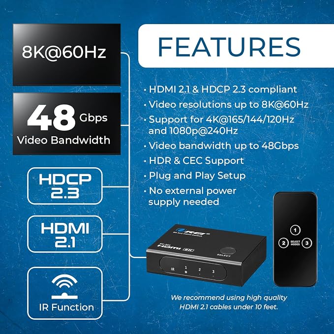 OREI 8K 3-Port HDMI 2.1 Switch, 3-in 1-Out, 8K@60Hz, CEC, HDR, IR Remote
