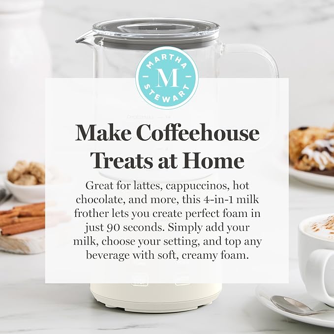 Martha Stewart Milk Frother and Steamer, 10oz/300ml Glass Cup, 4 Presets (Cold Foam, Light, Dense & Hot Chocolate), Ready in 90 Seconds, Cordless Pouring, One-Touch for Hot and Cold Milk, Linen Cream