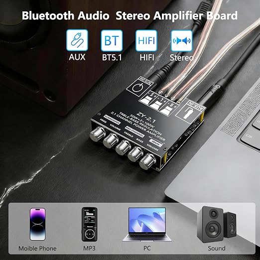 Bluetooth 5.1 Audio Amplifier Board,200W HiFi 2.1 Channel Mini Subwoofer Power Amp Module with Treble & Bass Control with AUX Input,Audio Amp Board for Home DIY Wireles Speaker(with Power Cord)
