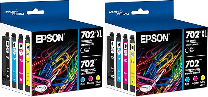 Epson 702 DURABrite Ultra Ink High Capacity Black & Standard Color Cartridge Combo Pack (T702XL-BCS) Works with Workforce Pro WF-3720,3730,3733,(Pack of 2)