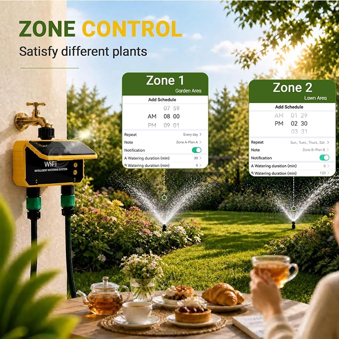 Sprinkler Timer, Solar WiFi Water Timer for Garden Hose, 2 Zone Water Sprinkler with Rain Sensor and Manual Mode via APP/Voice Control, Automatic Irrigation Control System for Lawns, Yard and Pool