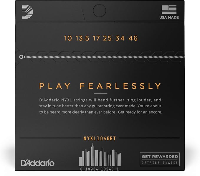 D'Addario Electric Guitar Strings, NYXL Nickel Plated, NYXL1046BT, Regular Light Gauge Balanced Tension 10-46, 6-String Set, Pack of 1