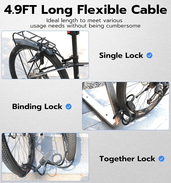 Anweller Fingerprint Bike Lock with Key, Heavy Duty Anti-Theft Weatherproof Keyless Bluetooth App Biometric Smart Cable Lock for Bicycle Scooter Accessories Outdoor Fence Gate Snowboard Ski