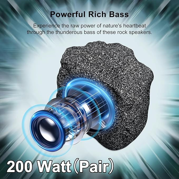 Herdio Outdoor Rock Bluetooth Speakers Wired IPX7 Waterproof 200 Watt Resin Material All Weather for Deck Pool Backyard Patio Garden BBQ (1 Pair Black)
