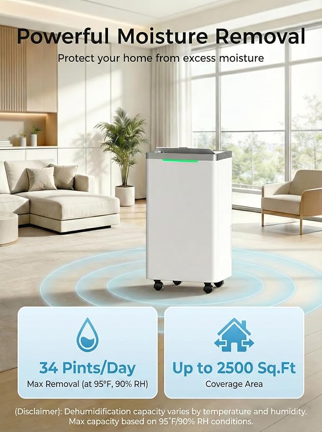 2500 Sq. Ft Dehumidifier for Basement with Drain Hose, 34 Pint/Day | 38dB Quiet, 24HR Timer, 3-Color Indicator, Auto Defrost, Child Lock, for Home, Bedroom, Bathroom