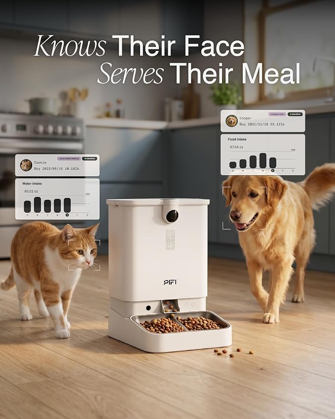 PiFi Automatic Cat Feeder with Camera for 3 Cats & Dogs, 6L Dual Dispenser, AI Recognition, 5GHz and 2.4GHz WiFi App Control, 1080p Dual Cameras, Night Vision, Two-Way Audio