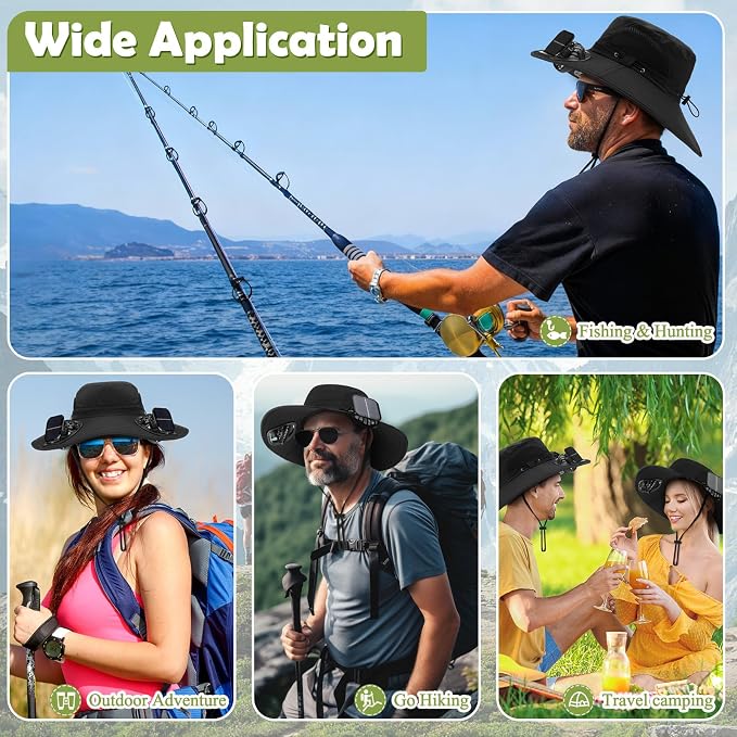 Berlune Sun Hat with 2 Solar Fan Wide Brim Fishing Bucket Hat USB & Solar for Men Women UPF 50+ Cooling for Fishing Beach