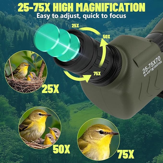 Spotting Scopes 25-75x70 Zoom HD BAK4 Prism Waterproof Fogproof Spotting Scope with Tripod for Target Shooting Bird Watching Hunting Wildlife Outdoor