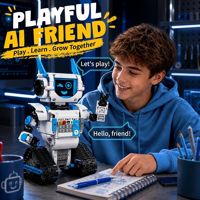 Mould King AI Robot Building Block Set, 530PCS Smart Interactive Robot with GPT Voice Control, Expressive LED Face, APP Control, STEM Educational Toy for Age 14+/Adults-Blue