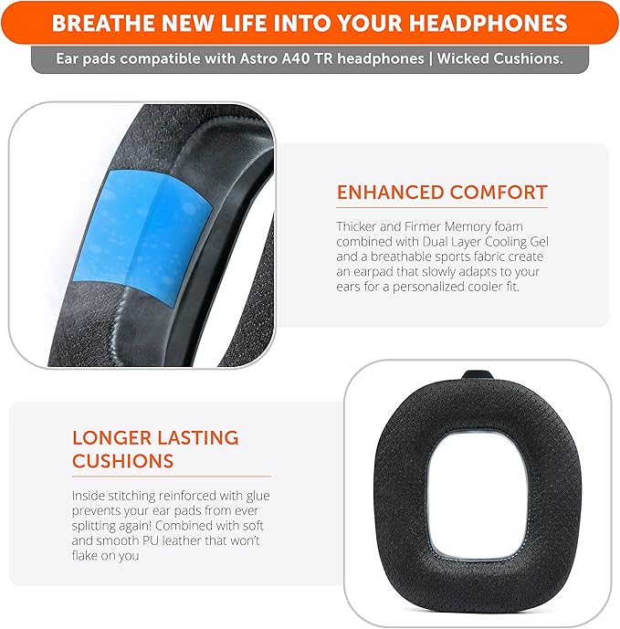 WC Freeze A40- Hybrid Fabric Cooling Gel Replacement Earpads for Astro A40 TR Only, Made by Wicked Cushions, Improved Durability, Thickness and Sound Isolation | Black