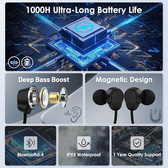 （1-Year Quality Support)Around the Neckband Bluetooth Headphones, 1000H Extra Long Battery Life with Magnetic Earphones,Wireless Earbuds with Mic,Waterproof In-Ear Headset for Sports/Gym (Black)