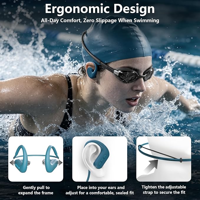 Waterproof Earbuds for Swimming, Swimming Headphones with 8GB MP3 Player | In-Ear Bone Conduction Earbuds , Swimming Headphones, IPX8 Swimming Earphones for Underwater, Headphones for Running Fitnes
