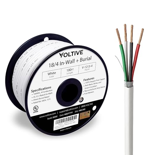 Voltive 18/4 Low Voltage Wire, in-Wall CL3 & Direct Burial, White, 100ft - 18AWG, 4 Conductors, Stranded Bare Copper, UL Listed - V-1213-4
