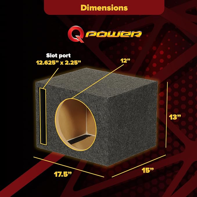 QPower Single Car Audio Subwoofer Box with Vented Design, Fits Most 12-Inch Subwoofers – Deep Bass MDF Enclosure for with Charcoal Gray Carpet, Tuned to 42 Hertz, 1.65 Cu Ft Air Space