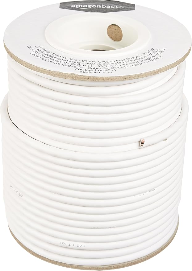 Amazon Basics 14-Gauge Audio Speaker Wire Cable, 200 Feet, 99.9% Oxygen-Free Copper for Clear Sound, Red and Black Color Coded, White