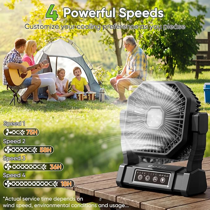 COZII Battery Operated Fan, 20000mAh Rechargeable Portable Fan with LED Lantern - 3 Colors, 4 Speeds, 4 Timing, Adjustable Head with Hook, Camping Fan for Table, BBQ, Beach, Hiking, Travel