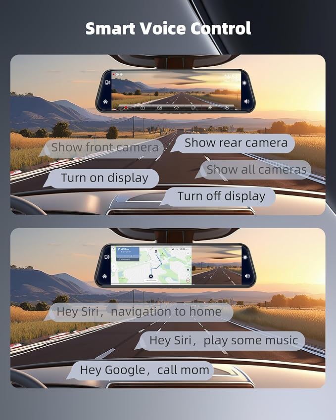2.5K Mirror Dash Cam with Carplay&Android Auto,10" Rear View Mirror Camera for Cars/Trucks with Voice Control/ 64GB Card/Touch Screen/Parking Monitor/Reverse Assist/Dual Loop Record/WDR Tech