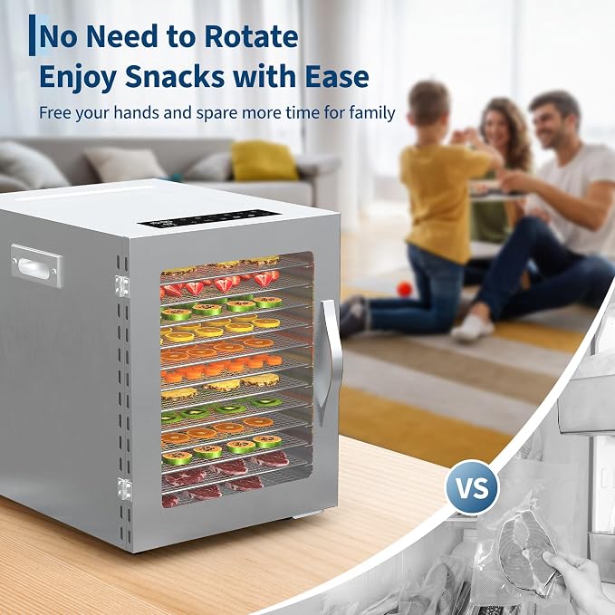 Food Dehydrator, 12 Stainless Steel Trays, 85–170°F Temperature Control | 820W Jerky Dehydrator, 13.2 ft² Drying Space, 24-Hour Timer, for Meat, Fruit, Veggies, Dog Treats & Snacks, Bright-Silver