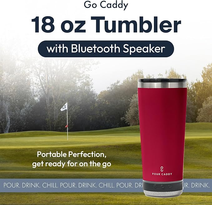 Vibe 18 oz Tumbler with Bluetooth Speaker, Insulated Stainless Steel Travel Cup with Lid, Hot & Cold Drink Beverage Container, Removable Speaker with Microphone, Rubber Base, Red