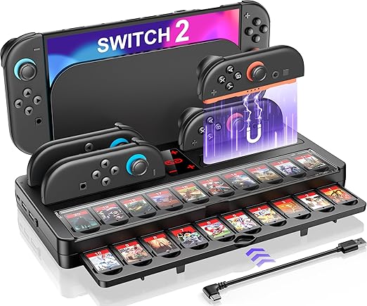 Switch 2 Game Organizer & Charging Station – Charges 4 Joy Cons & Stores 20 Game Cards | Joy-Cons Controller Charging Dock with Sync USB | Compatible Only with Nintendo Switch 2 (2025)