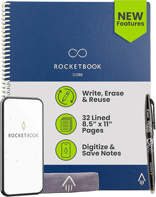 Rocketbook Core Reusable Smart Notebook, Lined Pages For School, Work and Creative Projects, Letter Size 8.5x11, Blue - Premium