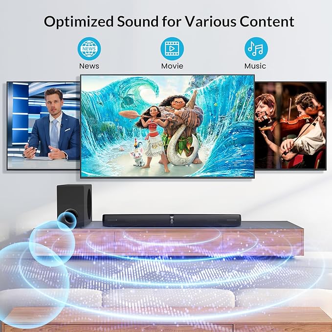 Sound Bar with Subwoofer, 110W Sound Bar for Smart TV with Adjustable Deep Bass & Volume Boost & 3 Equalizer Modes, Bluetooth/ARC/Opt/AUX, Detachable Soundbar for TV/PC/Gaming/Projectors