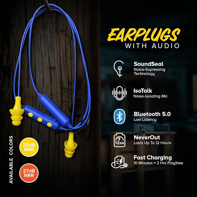 Plugfones Basic Pro Bluetooth Earplug Headphones for Work, Wireless in-Ear Safety Earbuds, 25dB NRR OSHA Compliant Hearing Protection with Noise Isolating Mic & Controls (Blue & Yellow)