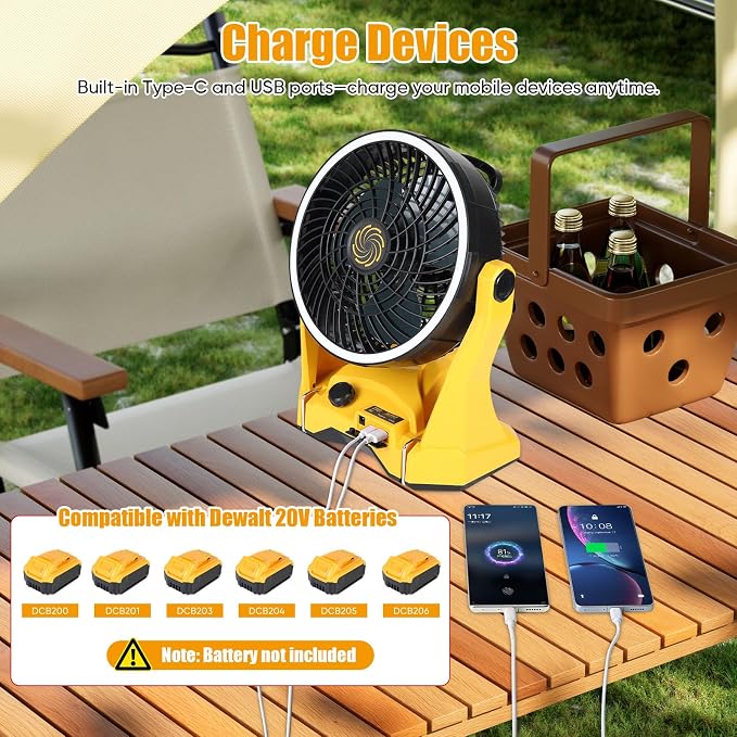 Fan Compatible with DeWalt 20V Battery Portable Jobsite Camping Fan with Infinite Speed Control USB-C and USB Charging, Hook, Handle 270° Tilt 4.5H Max Runtime for Outdoor Use Battery Not Included