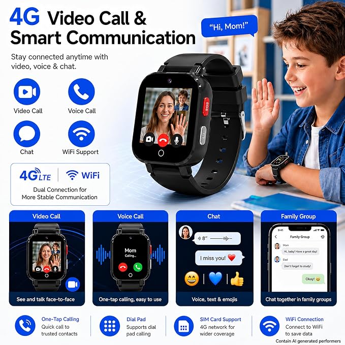 4G Kids Smart Watch with GPS Tracker, Video & Voice Call, SOS, WiFi, IP68 Waterproof, AI Smart Features, Parental Control Phone Watch for Boys Girls Age 4-12(SIM Card Included)