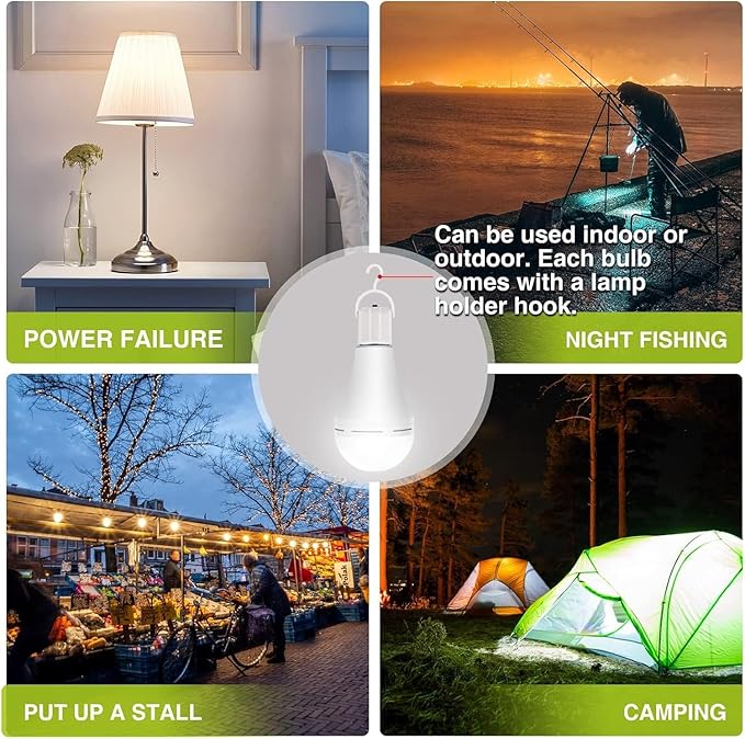 Neporal 4 Pack Emergency-Rechargeable-Light-Bulb, Stay Lights Up When Power Failure, 1500mAh 15W 80W Equivalent LED Light Bulbs for Home, Camping, Tent (E27, with Hook) (Daylight)