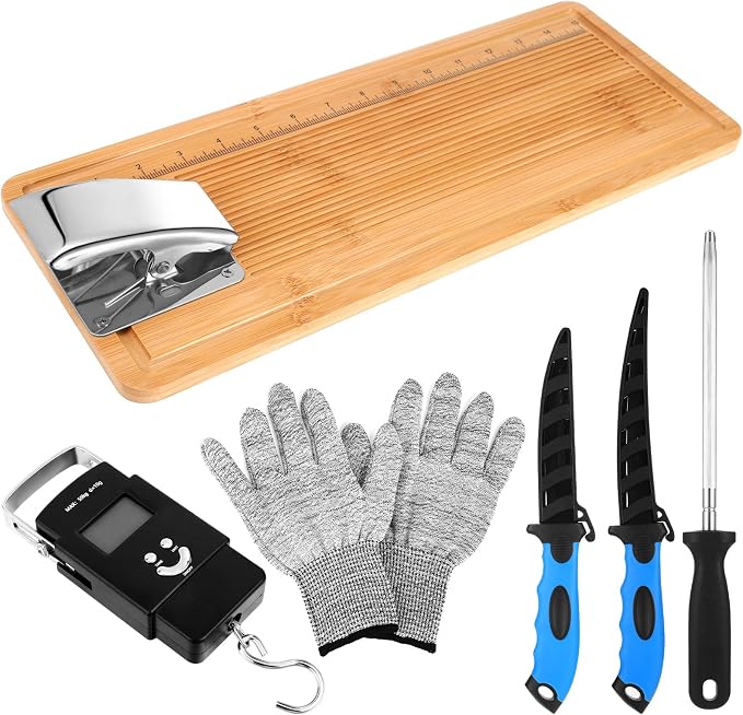 6 Pcs Fish Cleaning Kit Include Cutting Board Fish Fillet Boards with Clamp 2 Knife Cut Resistant Gloves Scale with Built in Measuring Tape Sharpening Rod (Classic)