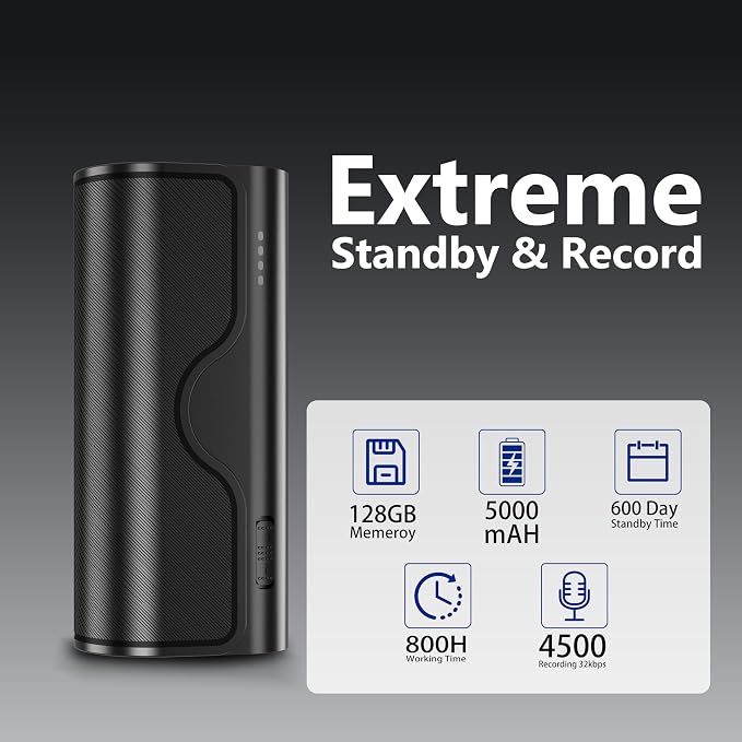 128GB Magnetic Voice Activated Recorder, 5000mAh Long Battery Digital Voice Recorder with 35 Days Continuous Recording, 360 Degree Mic and No-Light Design