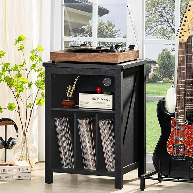 Joaxswe Record Player Stand with Vinyl Record Storage,Black Record Player Table Holds up to 160 Albums,Large Wood Turntable Stand Cabinet Dispaly Shelf for Living Room,Bedroom,Office