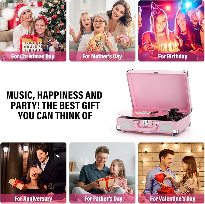 Vinyl Record Player 3-Speed Bluetooth Suitcase Portable Belt-Driven Record Player with Built-in Speakers RCA Line Out AUX in Headphone Jack Vintage Turntable,Pink