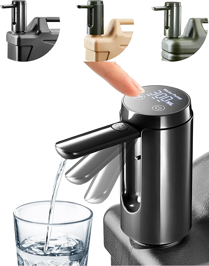 UPWOIGH Automatic Water Pump for Square Camping Water Jug, Screw-Lock Fit 1.97in (50mm) Outer Thread Only, Type-C Rechargeable Touch Dispenser, Black, Not for Standard Bottles