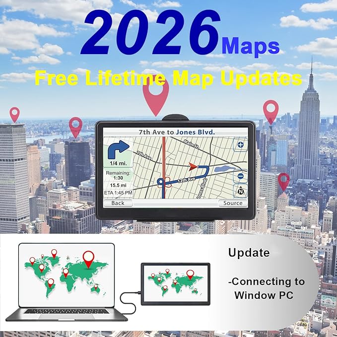 GPS Navigator for Car, 2026 Map 7 inch Touch Screen Car GPS 256-16GB,Voice Turn Direction Guidance, Support Speed and Red Light Warning, North America Lifetime map Free Update Truck(Brown)