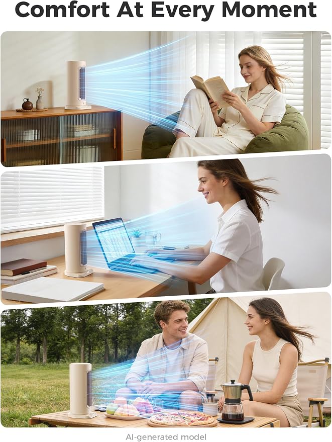 Aecooly Powerful Tower Fan for Bedroom,8000mAh Battery, 21H Max Cooling with Remote Control, 100 Speeds, 1-12H Timer, 60° Oscillation,11 Inch Portable Desk Fan for Home,Office - Beige