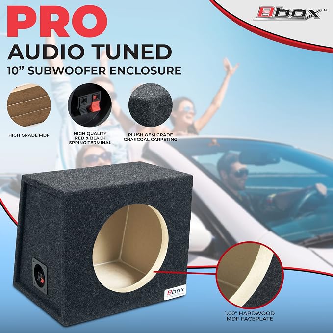 Bbox Single 10 Inch Subwoofer Sealed Enclosure - Car Subwoofer Box & Enclosures - Premium Subwoofer Box Improves Audio Quality, Sound & Bass - Red & Black Spring Terminals - Charcoal