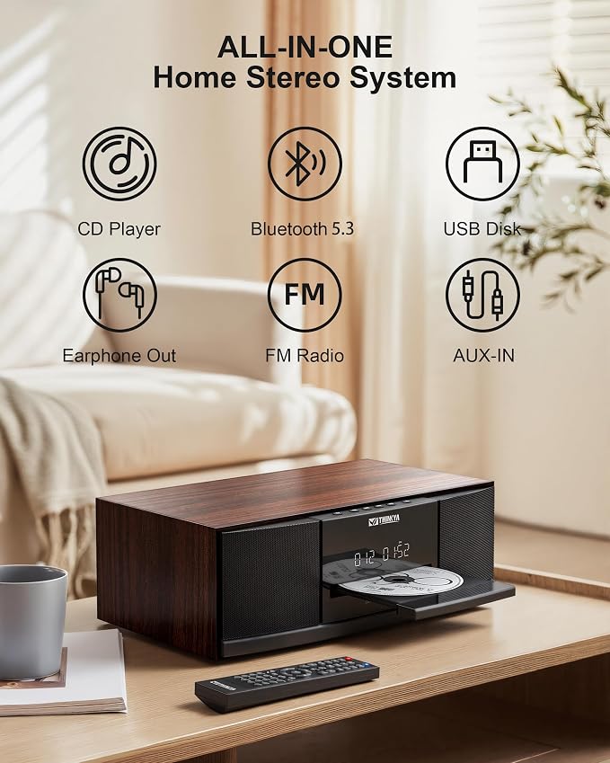 JA-318 CD Player Stereo System for Home, 36W RMS HiFi Bluetooth 5.3 CD Player with Speakers, FM Radio 40 Presets, USB/AUX Playback, LED Clock & Alarm, IR Remote Control, Vintage Wooden Design
