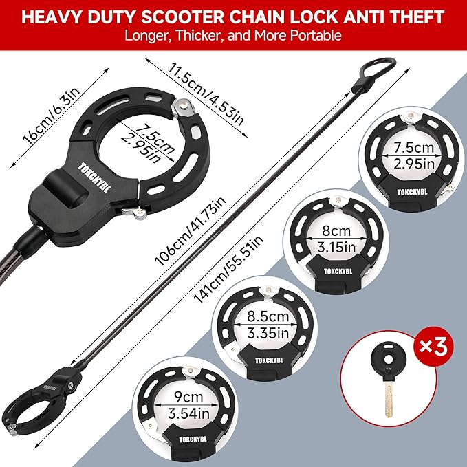 Heavy Duty Scooter Lock - 8mm Anti-Theft Chain Lock with 3 Keys, 94cm Weatherproof Security Lock for Electric Scooters, Bikes, Motorcycles