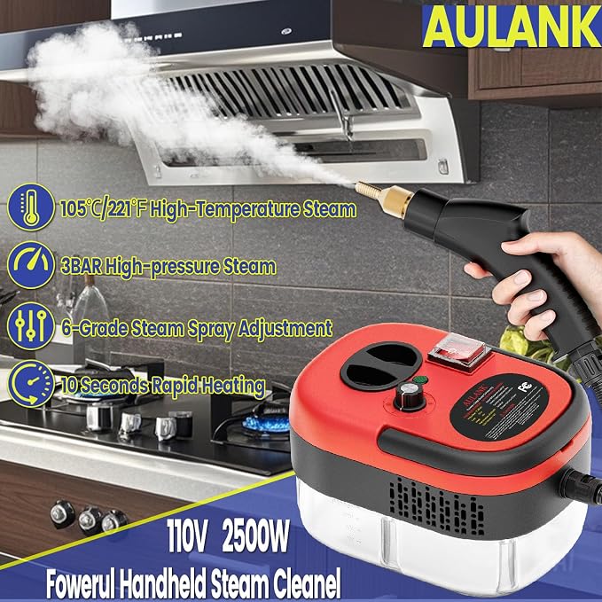 Steam Cleaner, Portable Pressurized Steamer for Cleaning with 14pcs Accessories, 6-Level Adjustable and 15s Heat-Up, Handheld Steam Cleaner for Home, Tile, Dirt, Grout, Grease, Car Detailing(Red)