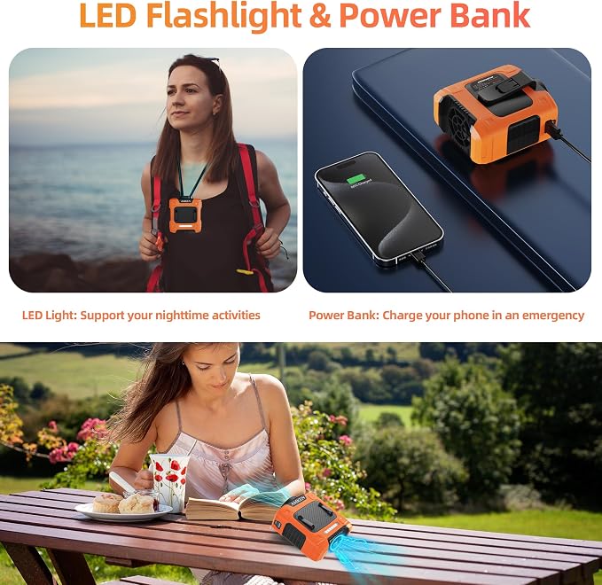 AMKEN Waist Fan, 10000mAh Rechargeable Belt Clip Fan, 24H Runtime, 49ft/s Strong Airflow, 3-Speed 7-in-1 Hands-Free Wearable with LED SOS Warning Light for Jobsite, Warehouse, Camping, Outdoor Work