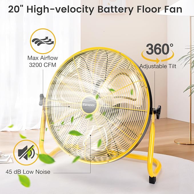 Fanspex 20" Solar Rechargeable Floor Fan for Outdoor, 30000 mAh Battery Operated Fan with 35W Solar Panel Powered for Patio Gazebo Camping, 360° Tilt (21.2 ft/s Airflow)