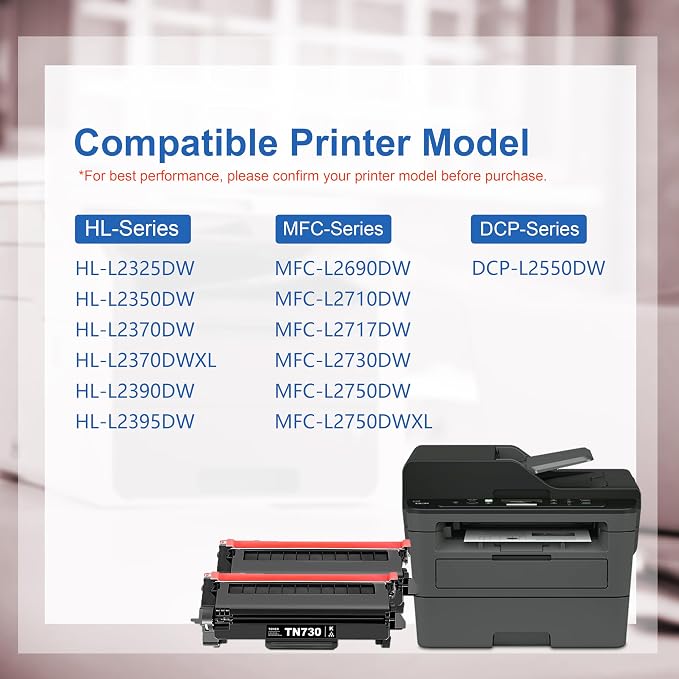 TN730 TN-730 Toner Cartridge 2-Pack Replacement for Brother TN730 Toner Cartridge - Black DCP-L2550DW MFC-L2710DW MFC-L2750DW HL-L2350DW HL-L2370DW HL-L2395DW HL-L2390DW Printer
