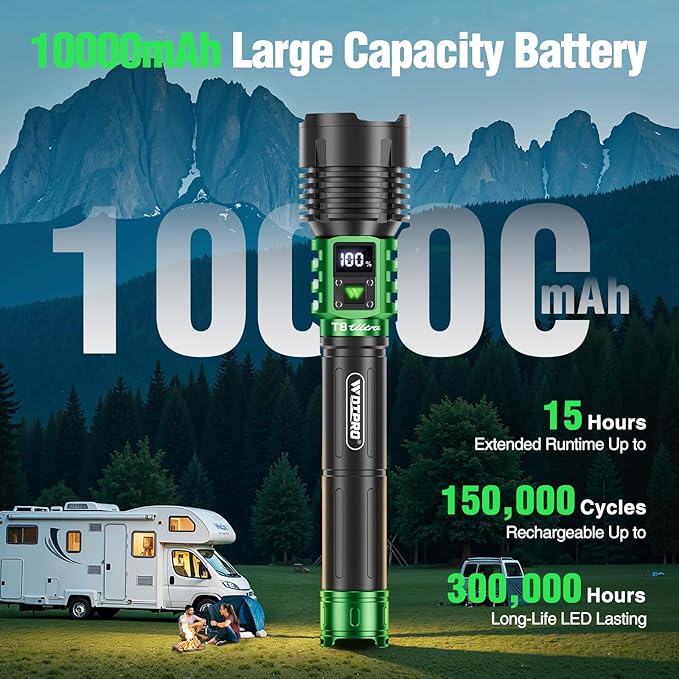 WdtPro Rechargeable LED Flashlights High Lumens, Super Bright 90000LM Rechargeable Flashlight with LCD Display, 5 Modes & Waterproof Powerful 10000mAh 30H Flashlight for Camping Emergency Green