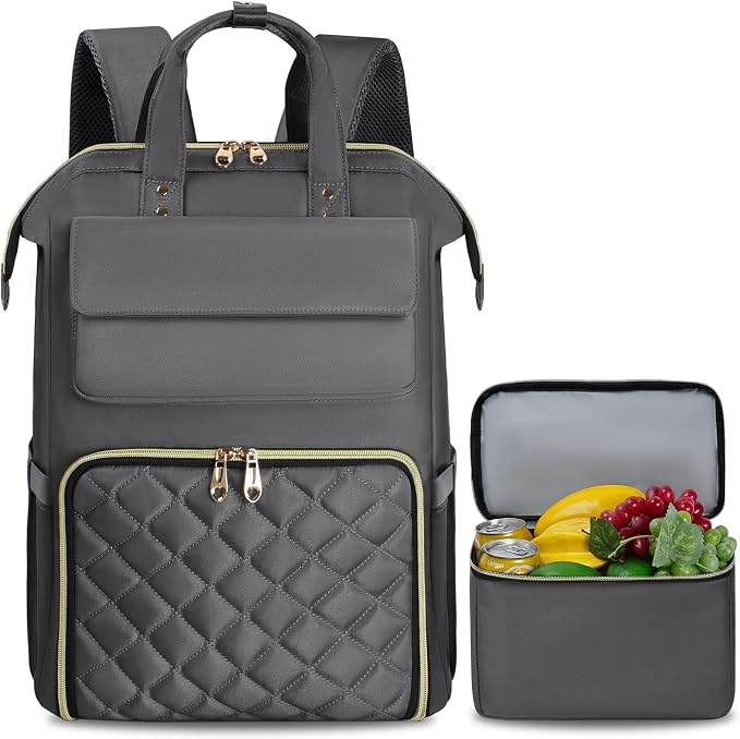 BERTASCHE Lunch Backpack for Women, 15.6 Inch Laptop Backpack with Insulated Cooler Lunch box, Nurse Backpack for Teacher Work Travel College Picnic,Grey