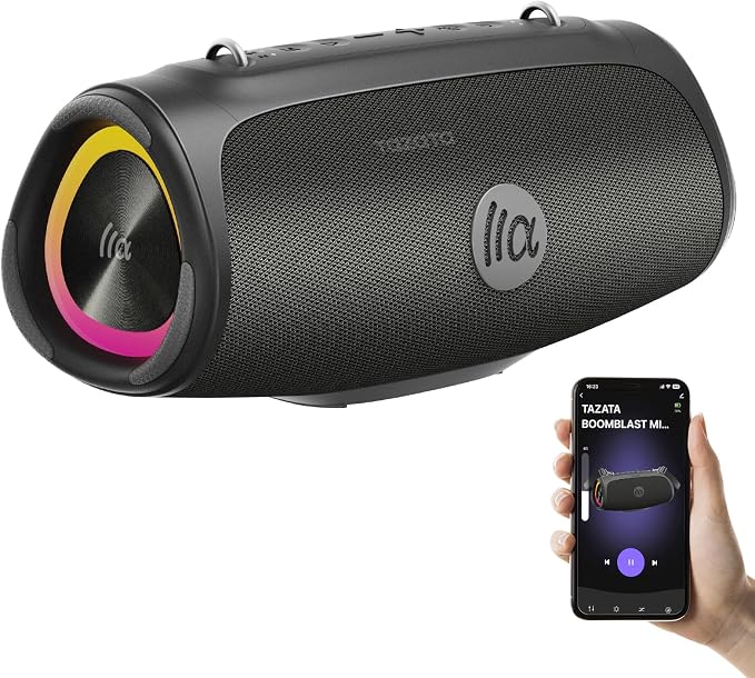 TAZATA Portable Outdoor Bluetooth Speaker, 90W Subwoofer, 100 + Speaker Pairing, BassUp 2.0, IPX7 Waterproof, Floatable, Bluetooth 5.3, RGB Lights, 6 Custom EQ, for Party Beach Pool - Black